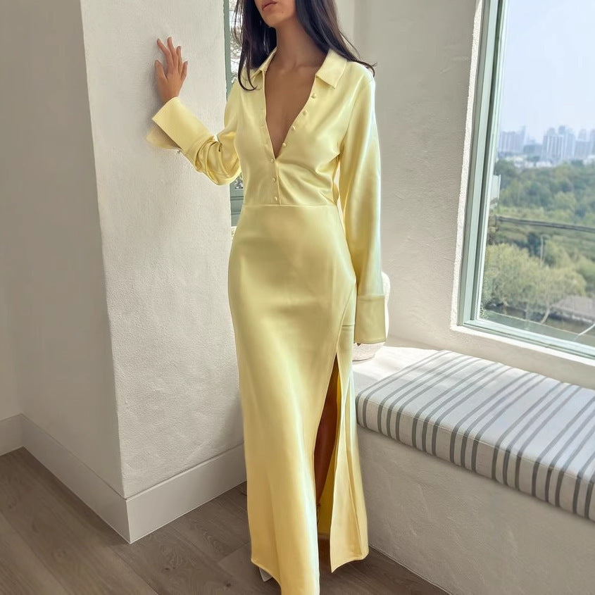 Luxurious Silky Long Dress with Classic Collar & Slit Detail Women's Satin Dress Long Sleeve Split