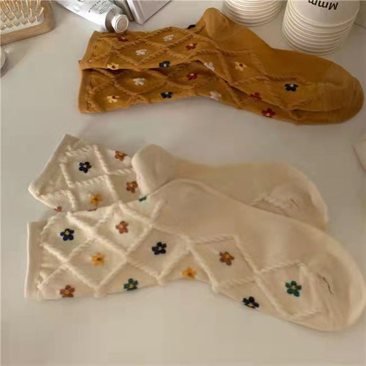 Socks Dongdaemun Rhombus Embossed Small Flowers