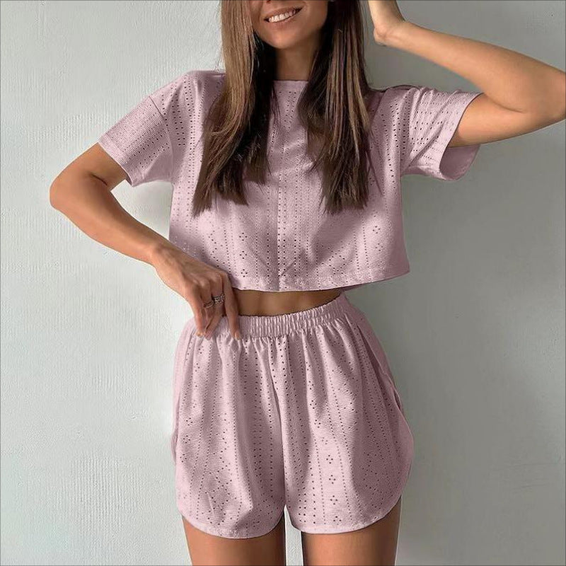 2pcs Casual Hollow Suit With Short-sleeved Crop Top And Elastic Slit Shorts Summer Fashion Sport Clothing For Women's