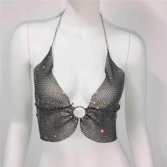 Rhinestone Chain Halter Top - Sparkly Party Crop Top Net Red Elastic  Diamond Suspender Bra Women