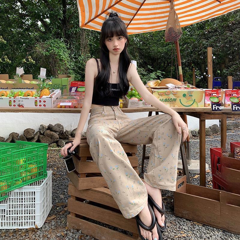 Beige Eyelet Embroidered Wide Leg Pants – Soft Vintage Aesthetic Streetwear Retro Loose Wide-leg Pants Straight Jeans For Women