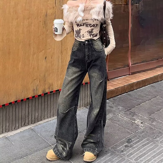 American-style Retro Washed Gradient Wide-leg All-matching Casual Straight-leg Mop Jeans