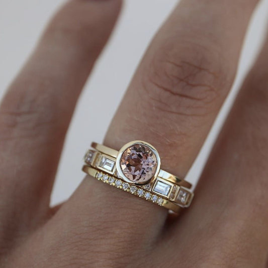 Elegant Rose Cut Gemstone & Diamond Stacking Ring Set Women's 18K Gold Champagne Ring Three-piece Set