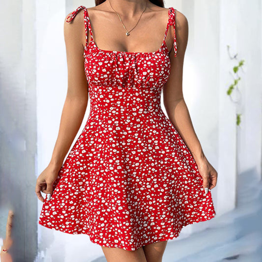 Floral Mini Dress Spaghetti Strap Sleeveless Tie Shoulder Ruffle Summer Boho Dresses