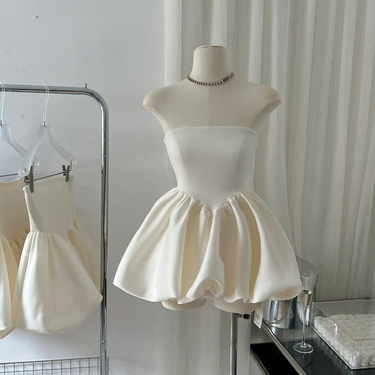 Luxury Satin Strapless Bubble Mini Dress – Elegant Party & Evening Wear Summer New Korean Style Slim Fit French Sexy Top