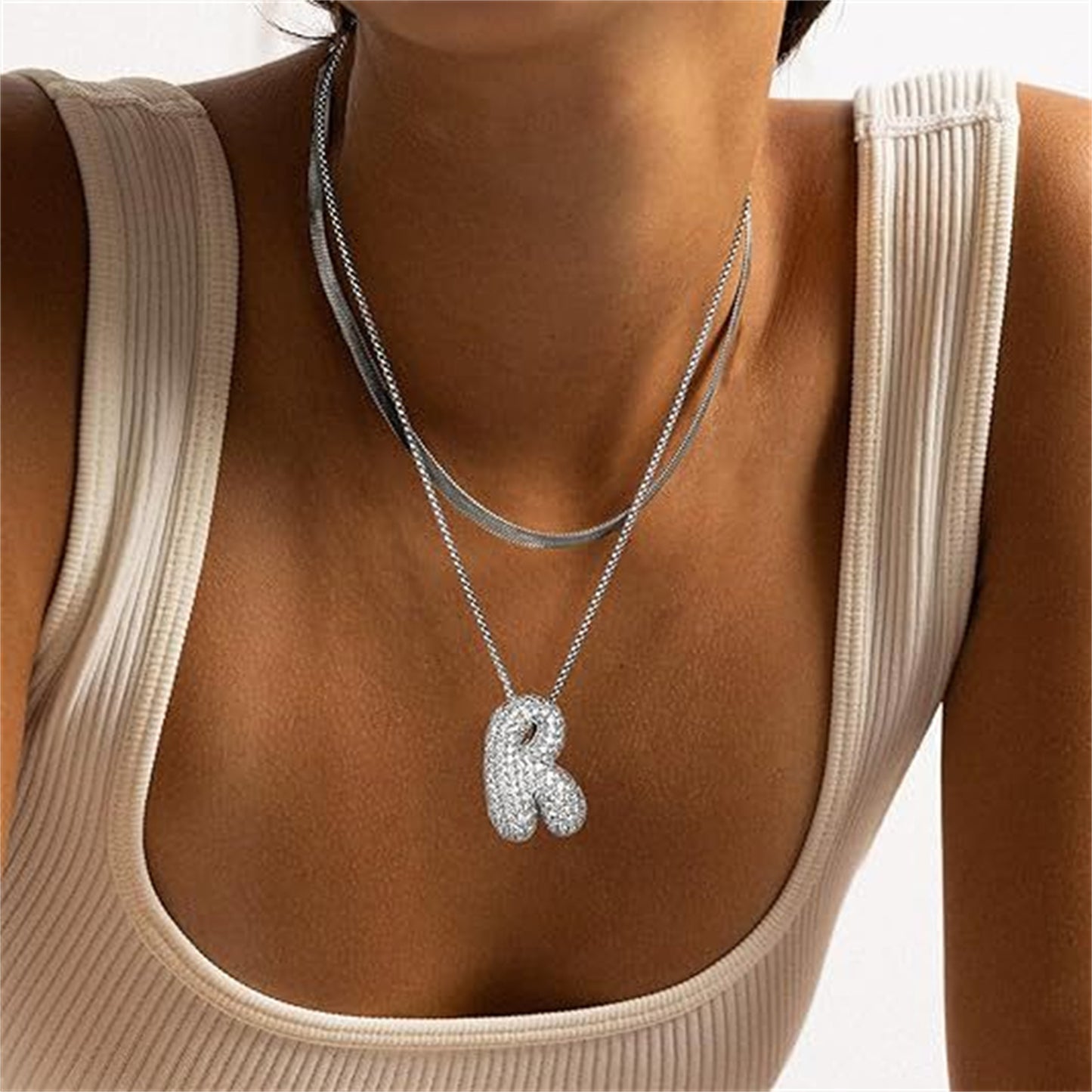 Custom Initial Necklace | Sparkle Alphabet Pendant Brass Zircon Balloon English Letter Necklace