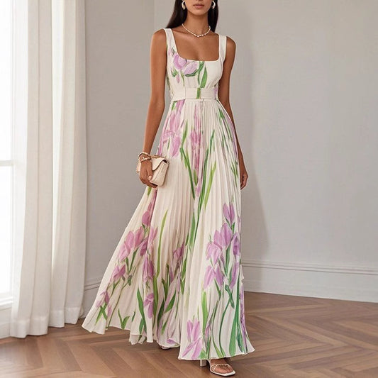 European And American Pleated Printing Dress For Women's