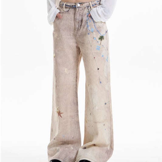 Retro Chain Print Worn Jeans Women's Straight Wide-leg Pants