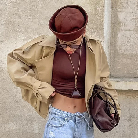 Khaki Double Breasted Blazer Collar Coat