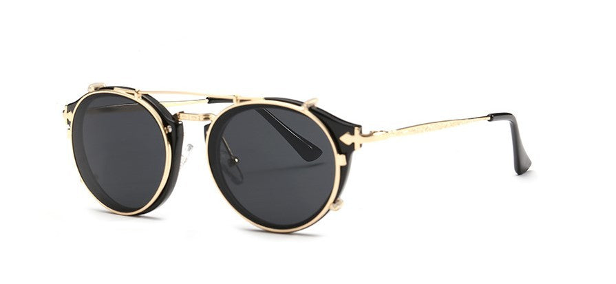 Retro Round Clip-On Sunglasses Fashionable And Vintage Dual Purpose Cover Mirror Flat Mirror Men's And Women's Sunglasses