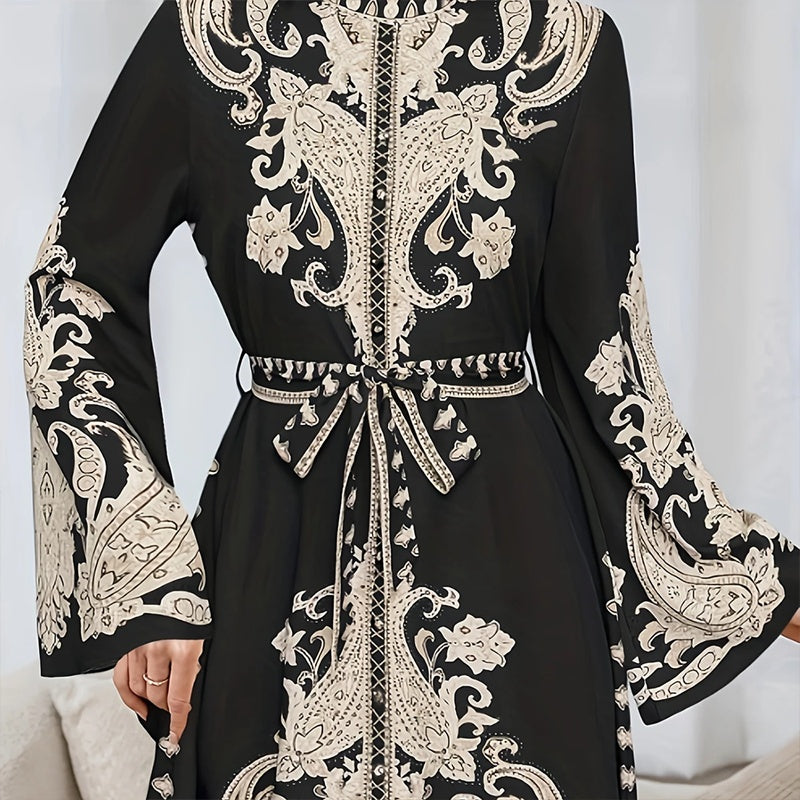 Vintage High-Neck Floral Maxi Dress Loose Long Sleeve, Adjustable Waist Belt, Middle Eastern Inspired Holiday Dress Ankle-Length Gown