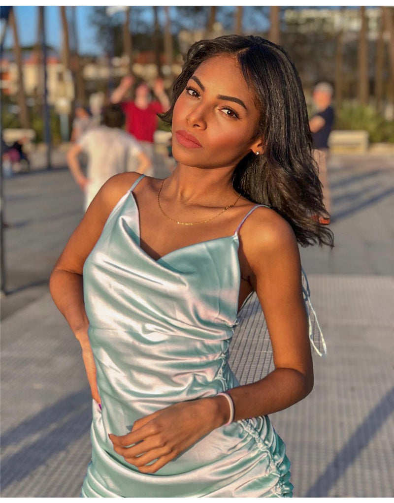 Chic Satin Cowl Neck Ruched Mini Dress with Tie Straps