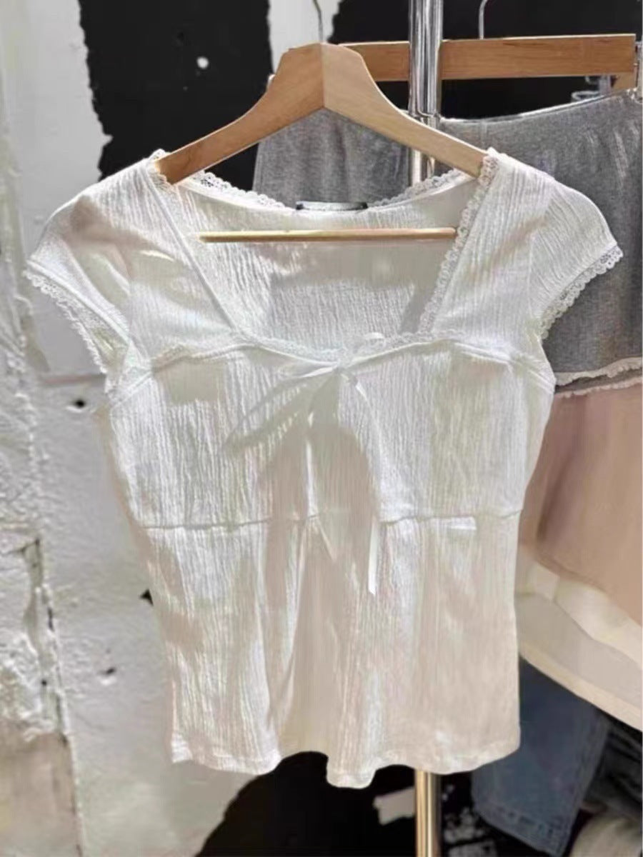 White Square-cut Collar Lace Edge Lace Bow Short Sleeve T-shirt