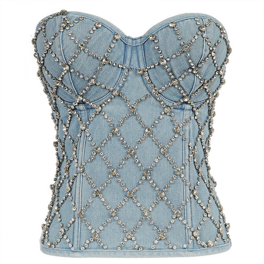 Trendy Rhinestone Denim Crop Top - Y2K Fashion Slim Performance Clothes Korean Style Zipper Top Women