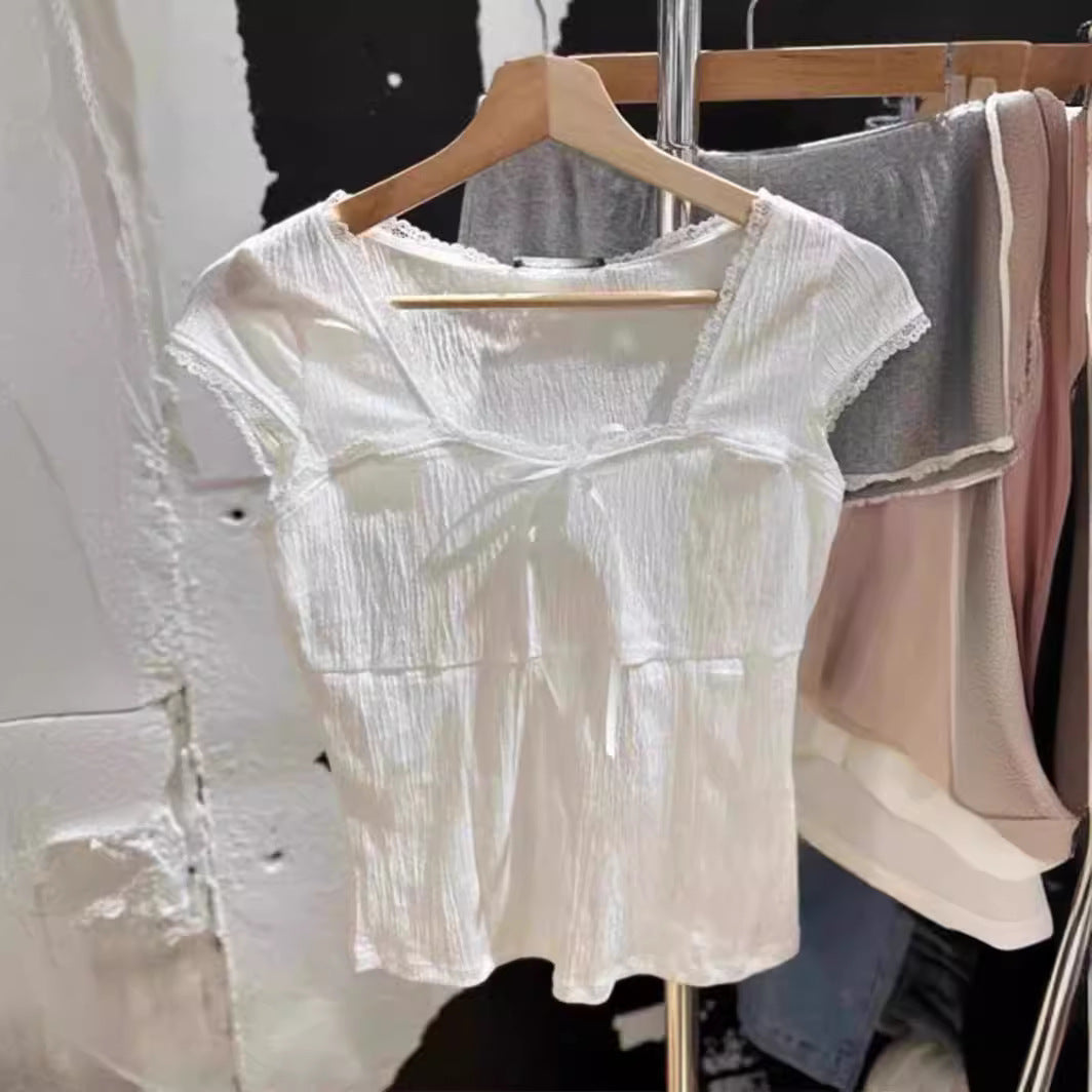 White Square-cut Collar Lace Edge Lace Bow Short Sleeve T-shirt