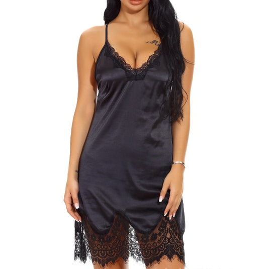 Silky Satin Lingerie Dress with Eyelash Lace Sexy Criss Cross Back Long Dresses Baby dolls
