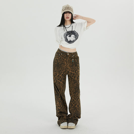 Leopard Print Wide-Leg Pants – Y2K Streetwear Aesthetic