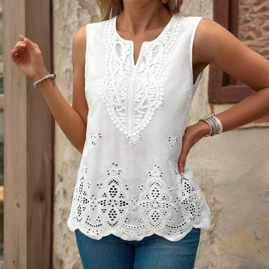 Embroidered Eyelet Tops Notched Neck Sleeveless Lace Trim Blouses Shirts
