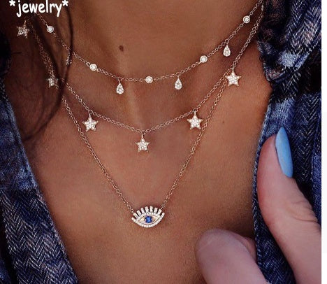 Boho Layered Star & Evil Eye / Cross & Coin Pendant Necklace Bls-miracle Multilayer Necklace for Women Long Chain Turkish Eye Pendant Necklaces Trendy Crystal Star Water droplets Necklaces