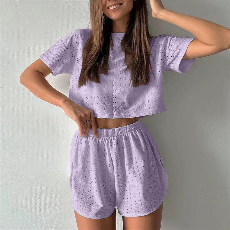2pcs Casual Hollow Suit With Short-sleeved Crop Top And Elastic Slit Shorts Summer Fashion Sport Clothing For Women's