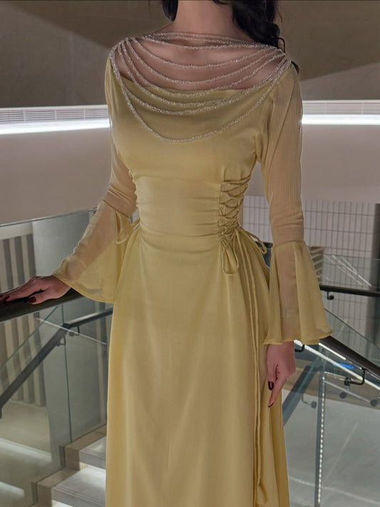 Elegant Yellow Pleated Belted Ruffled Sleeves Maxi Bodycon Dress