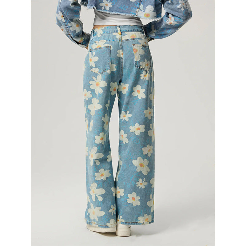 Vintage Flower Print Straight Jeans For Women's