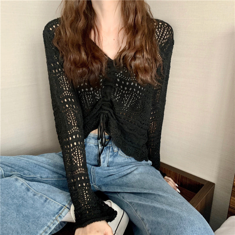 Trendy Open-Knit Tie-Front Cardigan | Sheer Crochet Style Jumper Top New Korean Style Loose V Neck Drawstring Crop Top