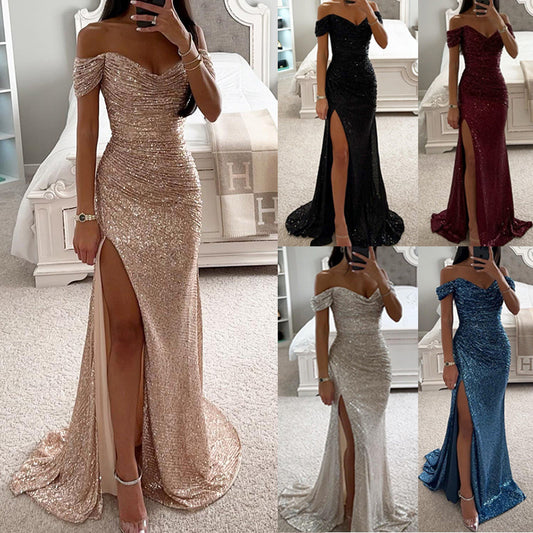 Party Sequins Off-neck Split Dress INS Casual Fashion Dress For Women