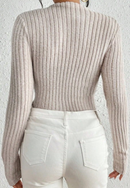 Ribbed Mock Neck Knit Jumpsuit Long Sleeve Slim Casual Jumpsuit, High Neck Ribbed Knit Long Sleeve Women's Bodysuit For Spring And Autumn, Versatile Casual Jumpsuit.