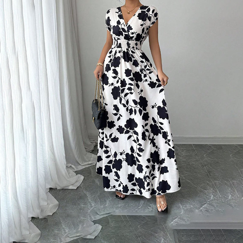 Wrap V Neck Short Sleeve Empire Elastic Waist Summer Casual Elegant Maxi Long Dresses