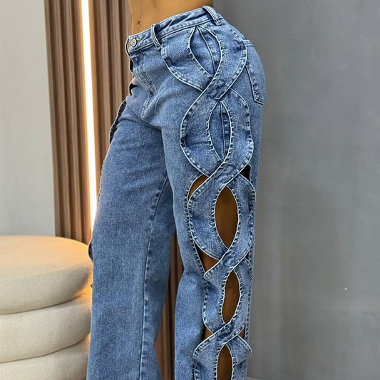 Retro Fashionable Side Hollow S Line Denim Jeans for Women's