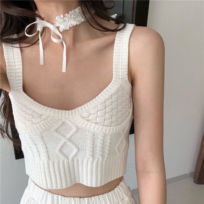 Boho Knit Crop Cami | Trendy Ribbed Bralette Versatile Sleeveless Fried Dough Twists Underlay Korean Top