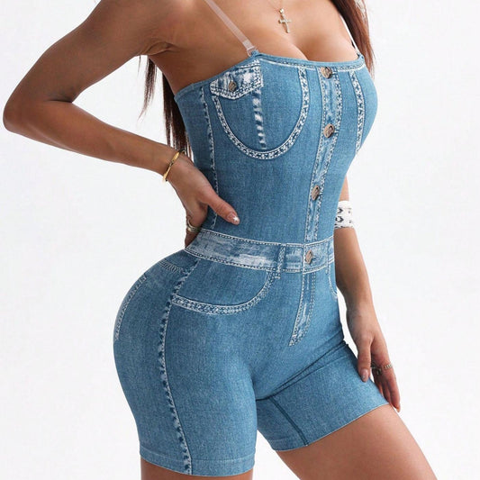 3D Denim Camisole Vest Shorts Jumpsuit For Women's