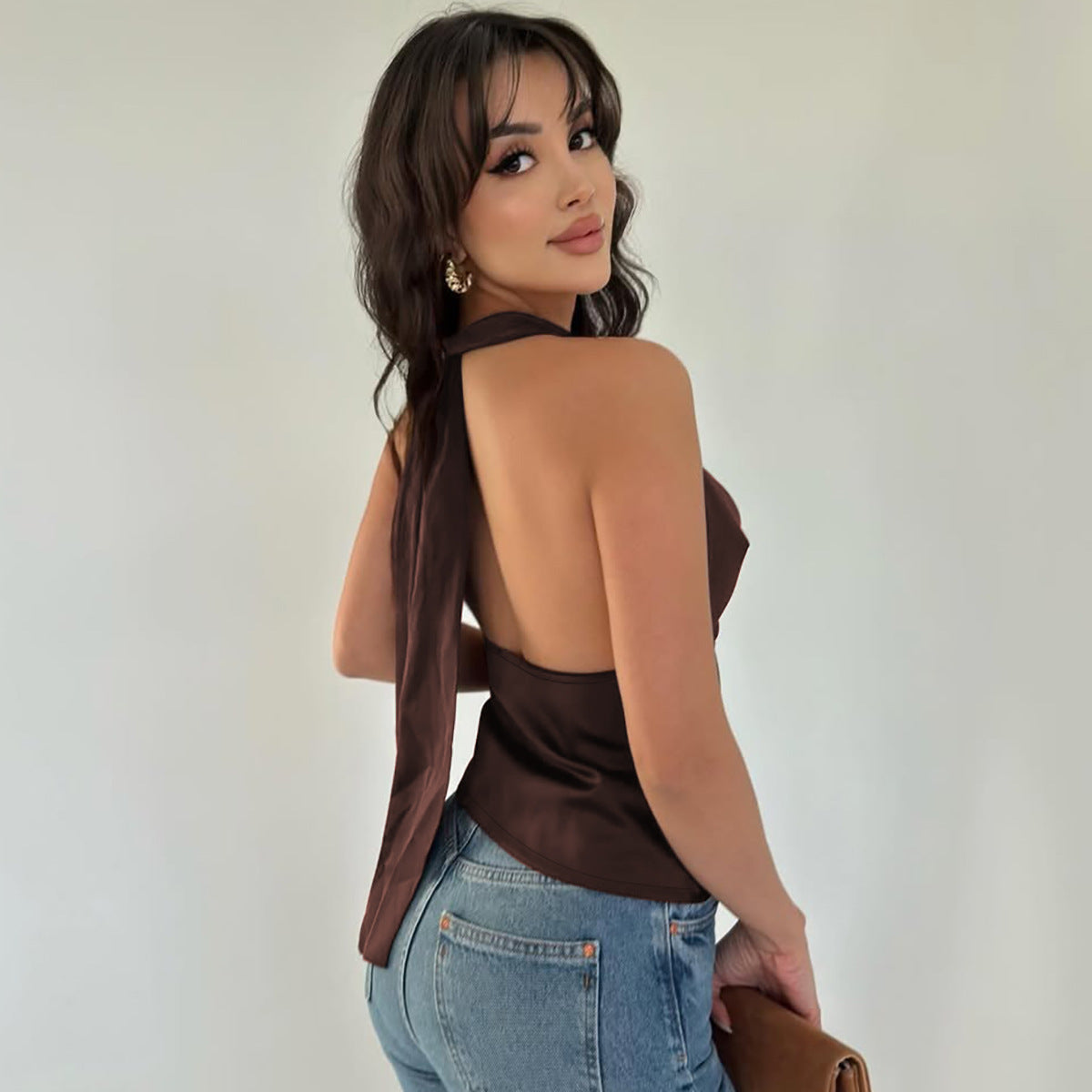 Halter Backless Tank Vest Fashion Solid Color Slim Fit Tied Tube Top For Women's