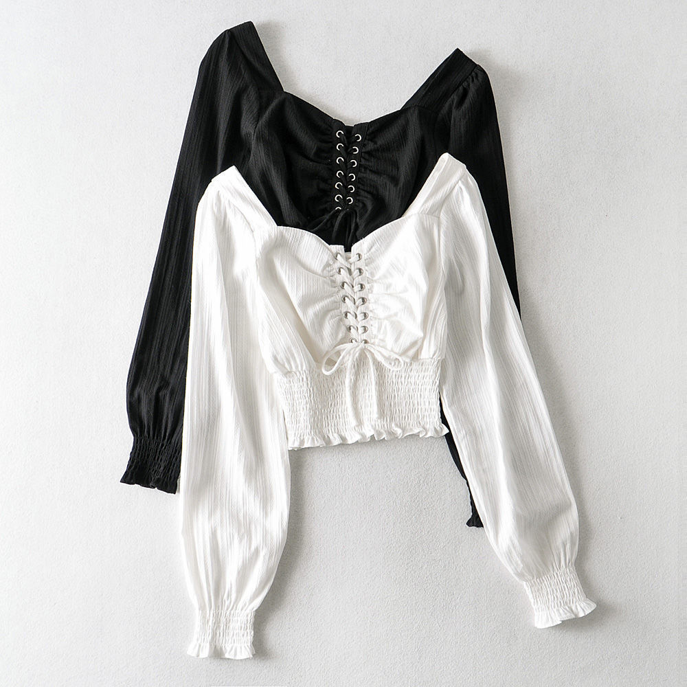 French Style Retro Square Collar Off-shoulder Top Tied Long Sleeves Court Style Puff Sleeve Shirt
