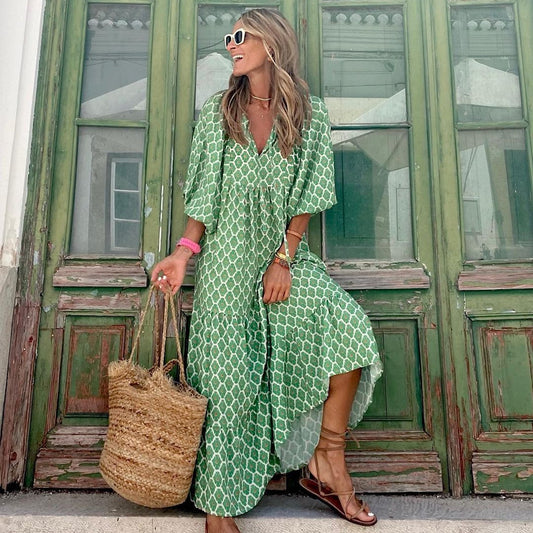 Summer Vintage Printed Bohemian Dress Elegant Ladies Casual Loose V-Neck Short Sleeve Long Dresses For Women's