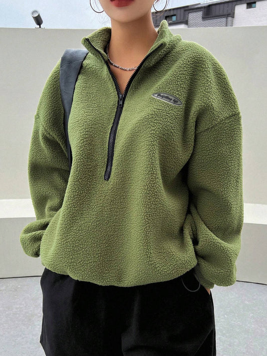 Patched Detail Drop Shoulder Half Zip Fleece Sweatshirt Long Sleeve Tops