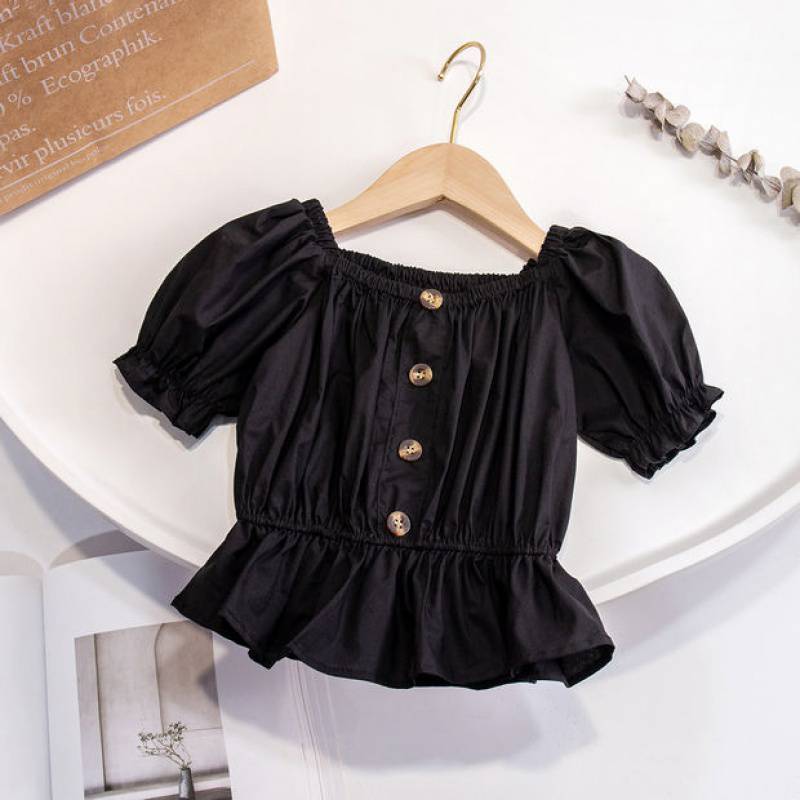 Stylish Toddler Girl Ruffle Hem Blouse | Short Sleeve Button Top Girls' One-shoulder Puff Sleeve Top Korean Style