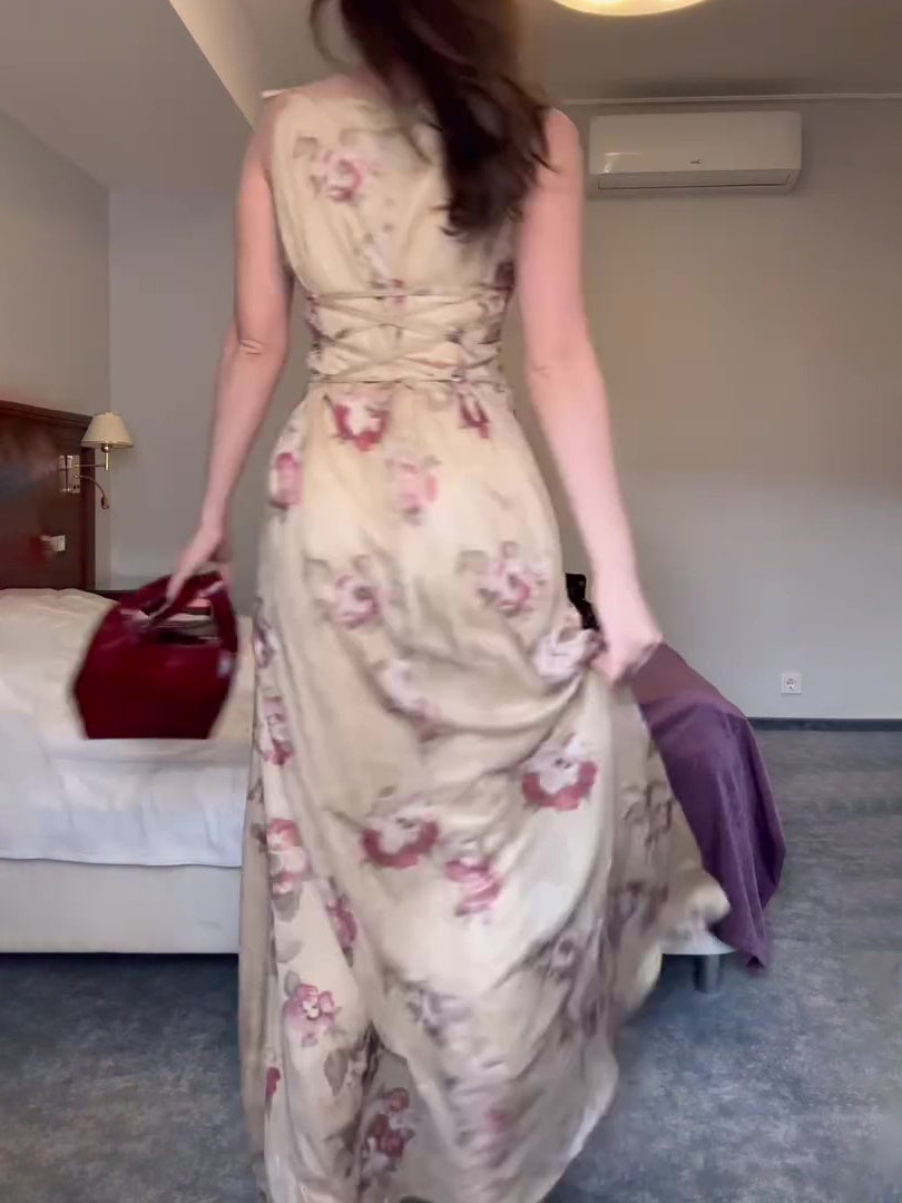 Elegant Printed Lace-up Maxi Bodycon Dress For Women's