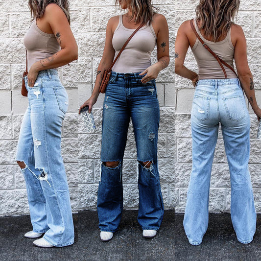 Ripped High Waist Retro Slim Fit Denim Boot-cut Pants