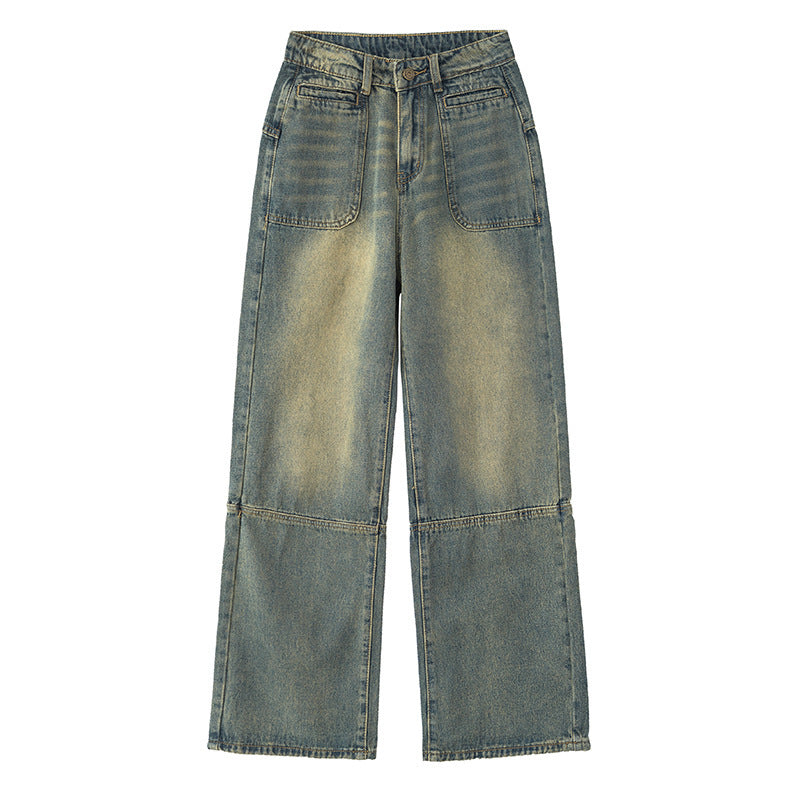 Baggy Cargo Jeans – Washed Vintage Green, Wide Leg Fit Fashion American Stitching Jeans For Women