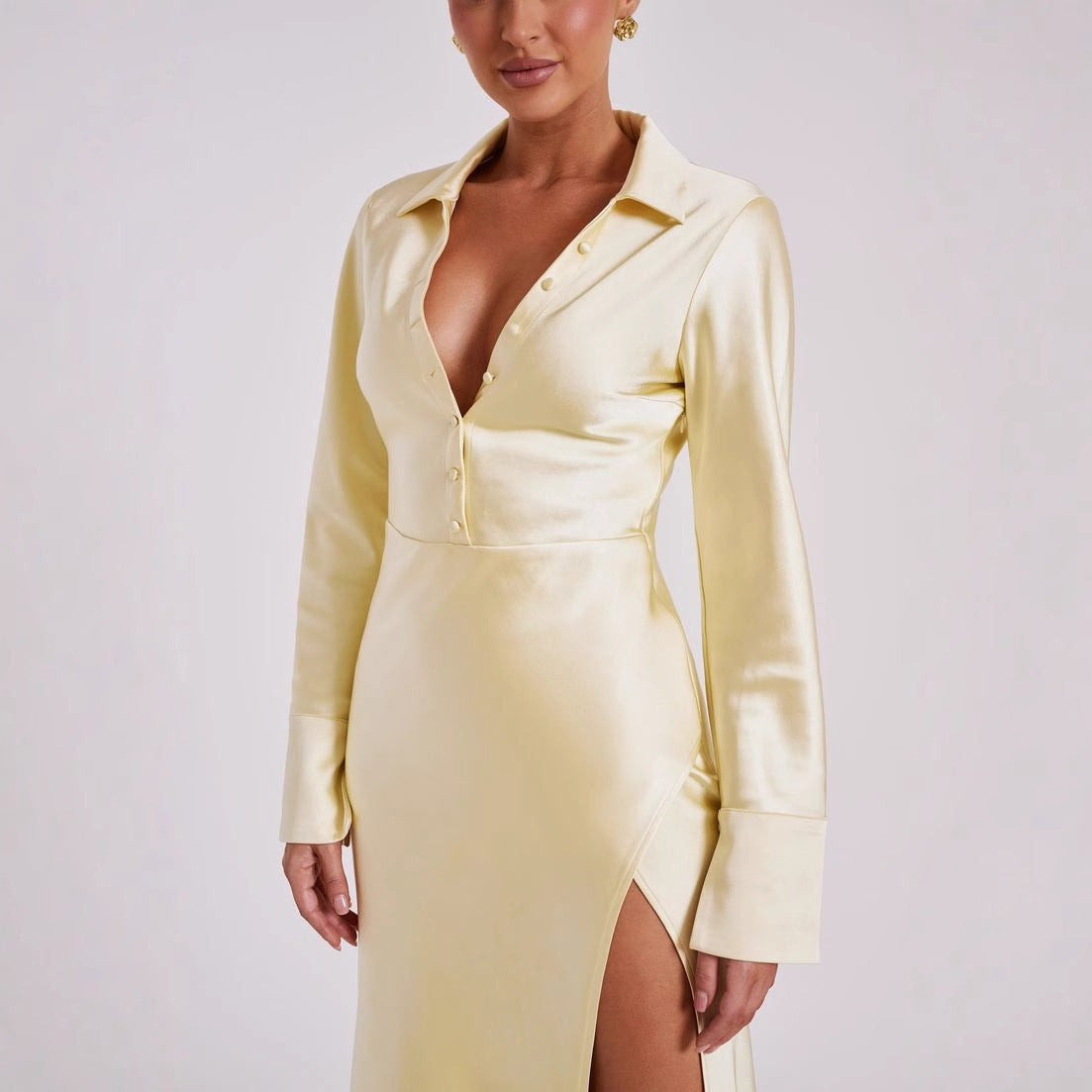 Luxurious Silky Long Dress with Classic Collar & Slit Detail Women's Satin Dress Long Sleeve Split