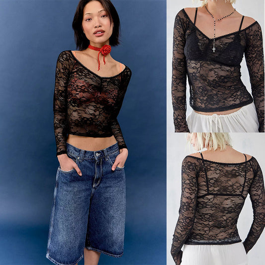 Retro Top Lace See-through V-neck