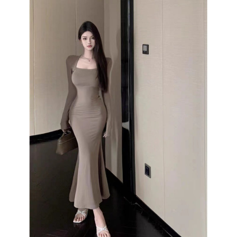 Skinny Slimming Hip Fishtail Square Collar Dress Women's