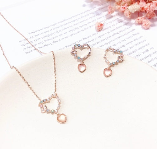 Rose Gold Heart Crystal Jewelry Set – Necklace & Earrings with Pink Drop Charms
