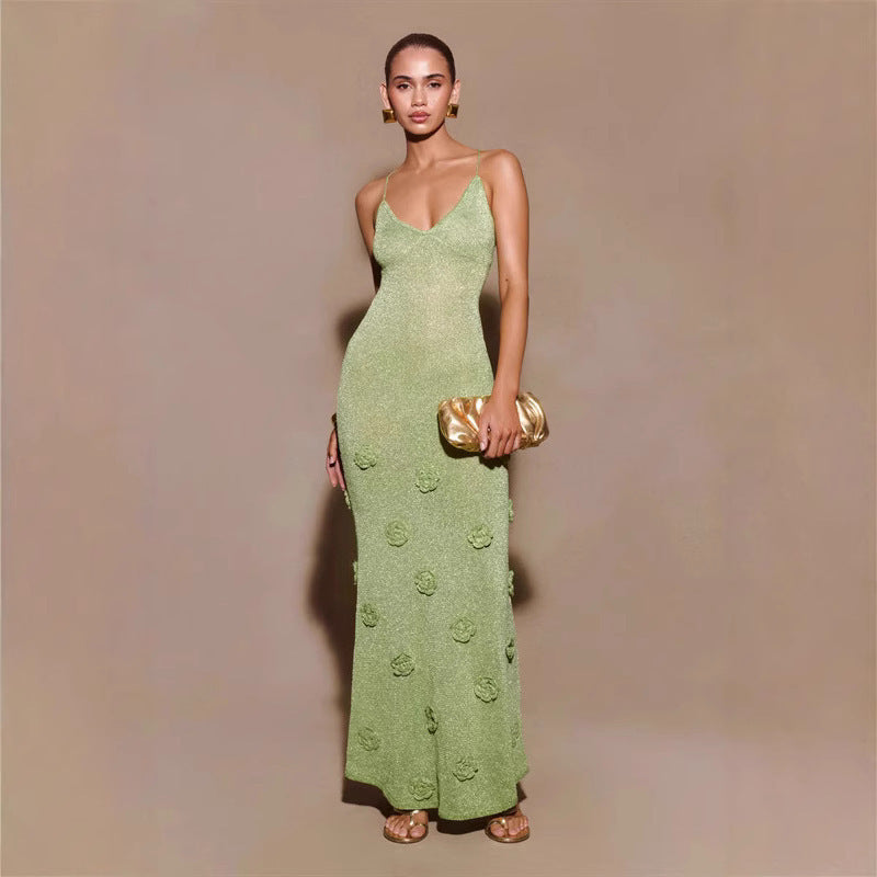 Knitted Flowers Suspenders Dress Crochet Glitter Bodycon Dresses For Women