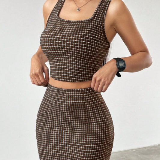 Plaid Square Collar Cropped Tank Top And Bodycon Mini Skirt Set