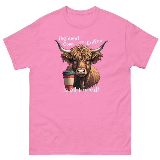Printed Pink Highland Cows And Coffee Are All I Need T-Shirt For Women's