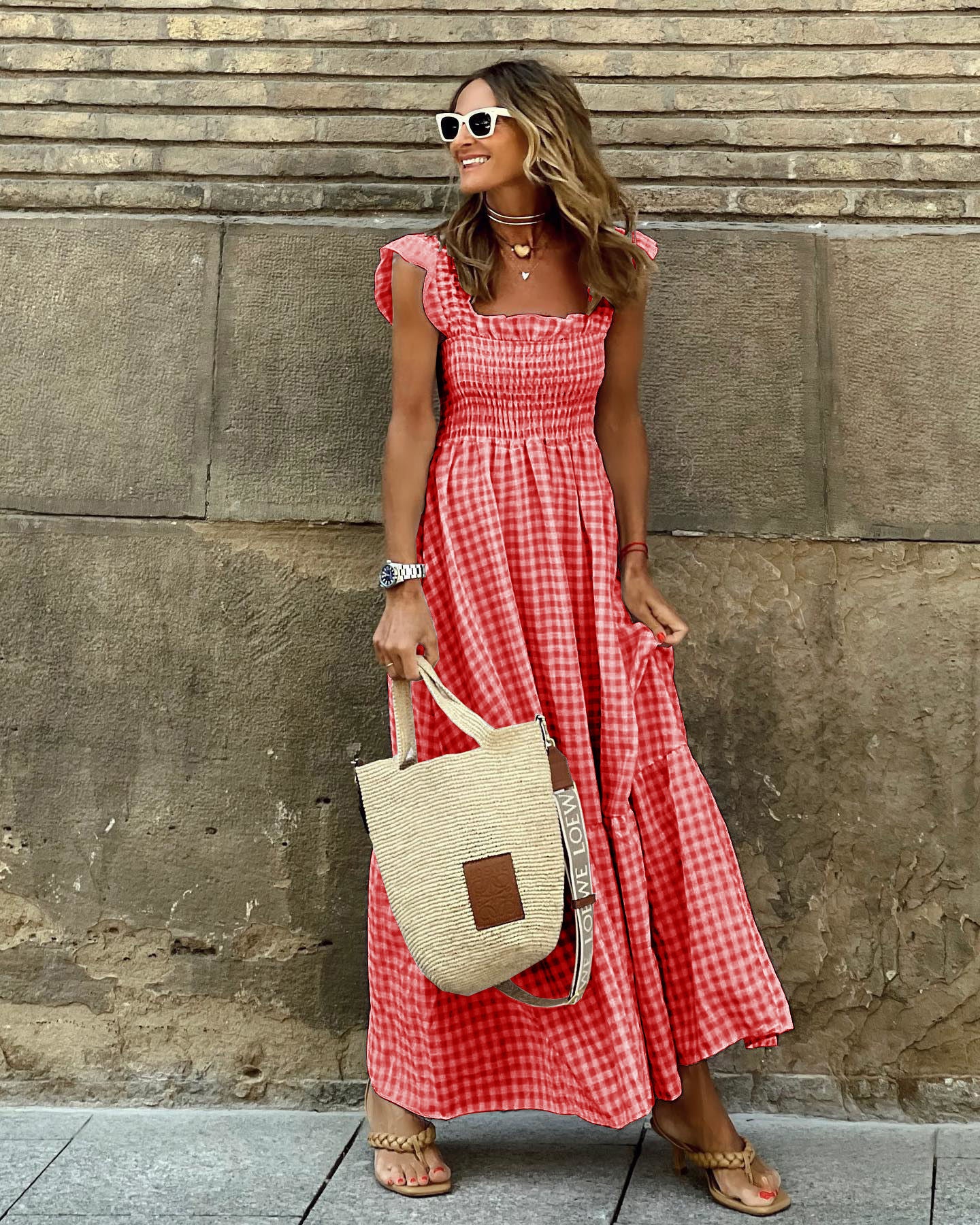 Gingham Smocked Maxi Dress – Effortless Charm in Every Color Summer Plaid Print Pleated Ruffle Dress INS Fashion Sleeveless A-line Swing Beach Dress Women's Clothing