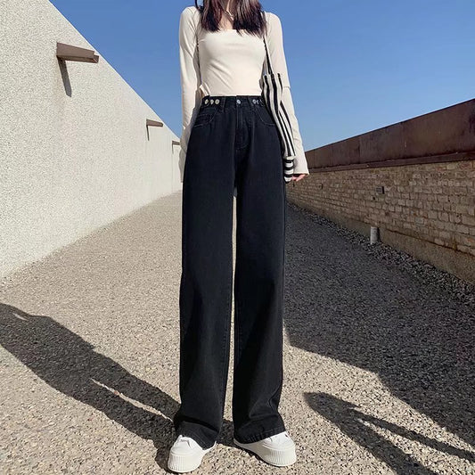 Effortless Elegance – Minimalist Wide-Leg Trousers New High Waist Drooping Straight Jeans For Women